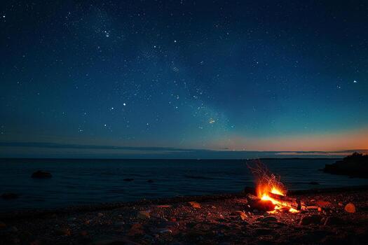 noche cielo playa hoguera con calentar resplandor y estrellado antecedentes foto