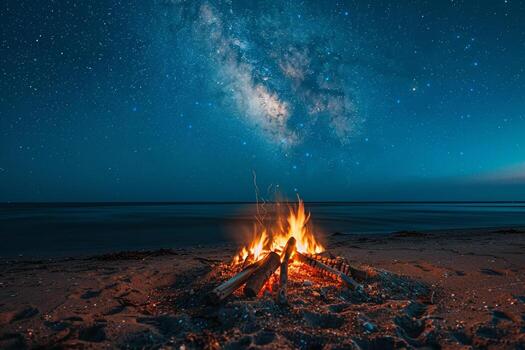playa hoguera en estrellado noche con relajante atmósfera y calentar ligero antecedentes foto