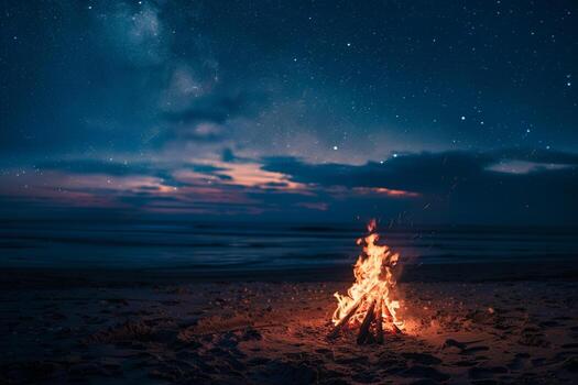 acogedor playa hoguera con estrellado cielo y calentar resplandor de noche antecedentes foto