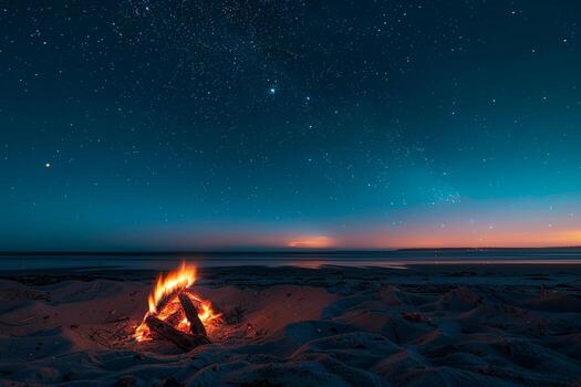 estrellado noche playa hoguera con tranquilo playa ambiente antecedentes foto