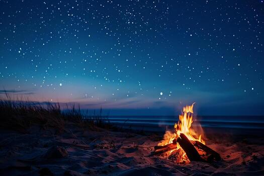 playa hoguera y estrellado noche cielo con calentar resplandor de tranquilidad antecedentes foto