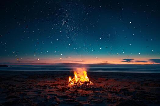 estrellado noche playa hoguera con sereno calentar resplandor y Oceano brisa antecedentes foto
