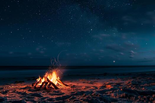 relajante playa hoguera debajo estrellado cielo con acogedor calentar resplandor antecedentes foto