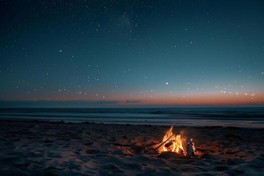 estrellado noche playa hoguera con acogedor calentar resplandor y calma Oceano antecedentes foto
