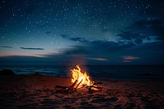 estrellado noche playa hoguera con calentar resplandor y sereno Oceano antecedentes foto