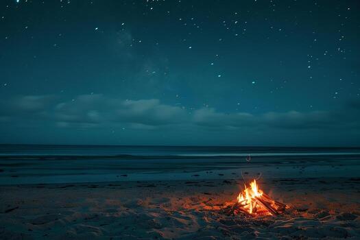 estrellado noche playa hoguera con relajante resplandor y sereno playa antecedentes foto
