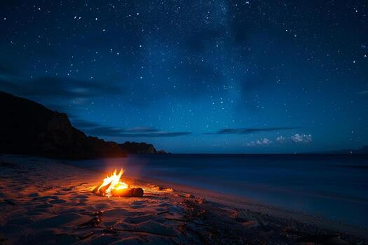 calentar resplandor de estrellado noche playa hoguera con Oceano brisa y relajante vibraciones antecedentes foto