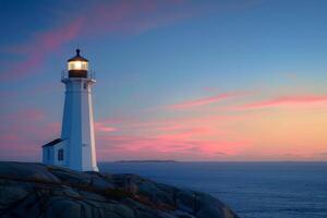Lighthouse Overlooking Seascape at Twilight with Serene Ocean Background photo