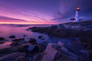Lighthouse on Rocky Shore Under Northern Lights and Twilight Sky Background photo