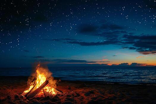 sereno estrellado noche playa hoguera con calentar Oceano brisa antecedentes foto