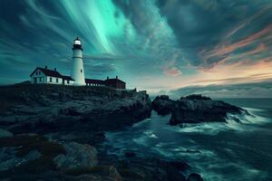Northern Lights and Twilight Sky Over Rocky Shore Lighthouse Background photo