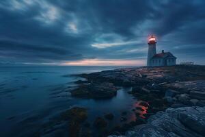 Lighthouse on Rocky Shore Under Twilight Sky with Northern Lights Background photo