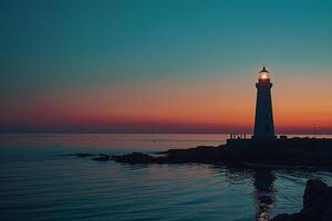 Lighthouse in Twilight with Tranquil Seascape and Calm Background photo