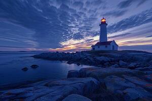 Rocky Shore Lighthouse with Twilight Sky and Northern Lights Background photo