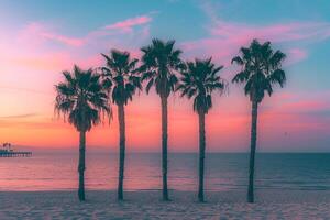 Sandy Beach with Palm Trees Against Sunset Sky Background photo