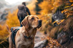 Dog Hiking on Mountain Trail with Autumn Foliage Background photo