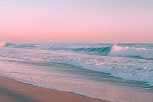 Sandy Beach with Rolling Waves Under a Gorgeous Sunset Sky Background photo