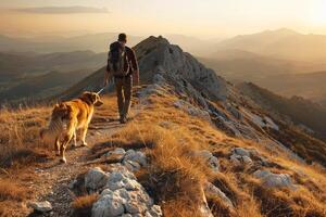 Dog Hiking Alongside Its Owner on a Scenic Mountain Trail photo