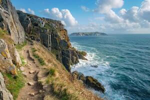 Scenic Cliffside Path Overlooking Crashing Waves and Rugged Coastline photo