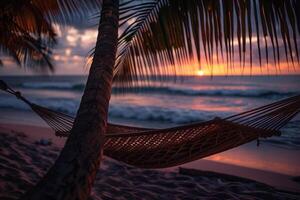 Beachside Hammocks Swaying Under Palm Trees with Ocean Waves Background photo