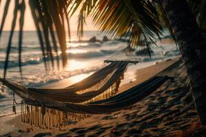 Beachside Hammocks Swaying Under Palm Trees with Gentle Ocean Waves Background photo