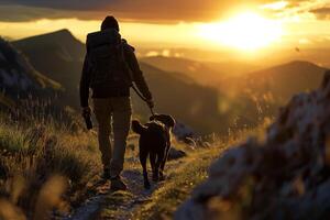 Dog hiking with owner on mountain trail surrounded by scenics adventurous journey background photo