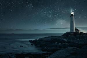 Tranquil lighthouse on rocky coastline under a starry night sky serene and peaceful background photo