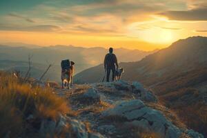 Dog and owner hiking on mountain trail with scenics adventurous journey background photo