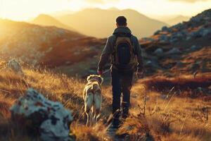 Dog hiking with owner on mountain trail with scenics adventurous journey background photo