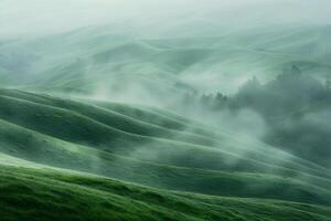 Long Exposure of Green Rolling Hills with Fog Settling In. Nature Background photo