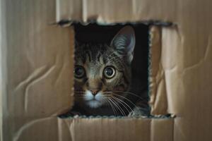 Tabby cat exploring a maze of cardboard boxes peeking from various openings background photo