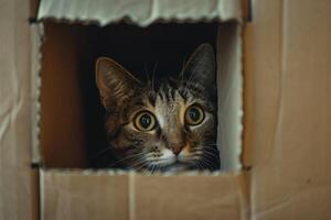 Tabby cat exploring a cardboard box maze peeking curiously from different openings background photo