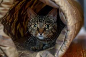 Tabby cat exploring a cat tunnel peeking out with curiosity and playfulness background photo