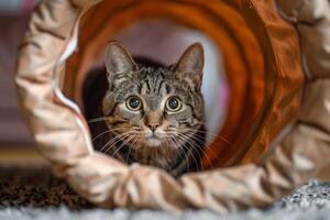 Tabby cat exploring a cat tunnel with curiosity peeking out from various spots background photo