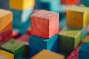 Array of wooden building blocks in an organized layout perfect for hands on learning background photo