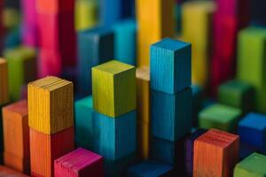 Set of wooden building blocks arranged in a precise layout great for  projects background photo