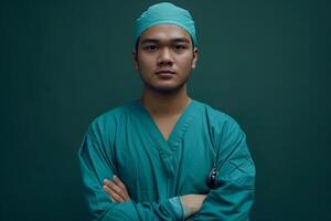 Surgeon in scrubs prepared for an operation with a  background highlightingbackground photo