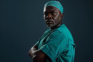 Surgeon in scrubs ready for surgical operation with a  background ed and prepared photo