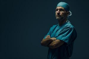 Surgeon in scrubs set for surgery with a  background emphasizing preparedness andbackground photo
