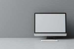 Desktop computer mockup with an  and high tech design ideal for showcasing professional and digital projects background photo