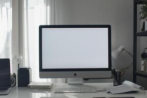 Computer Mockup with  Trendy Background photo
