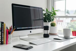 Innovative  Computer Mockup with  Design and Professional Background for  Work photo