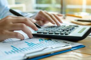 Hands Using Calculator to Compute Tax Returns Background photo