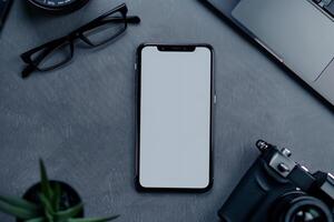Office Desk with Business Accessories and Smartphone in  Workspace Background photo
