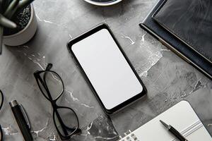 Office Desk Setup with Smartphone and Business Gadgets Background photo
