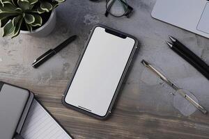 Smartphone on Stylish Office Desk with Business Accessories Background photo