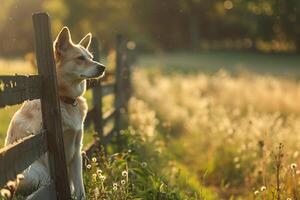 Dog Resting Under Shady Tree in Serene Countryside Field photo