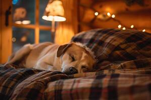 Dog Comfortably Resting on a Plaid Blanket Inside a Cozy Log Cabin with Rustic Winter Charm photo