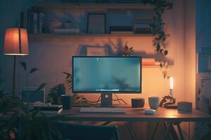 Stylish Desktop Computer Mockup with a Warm and Comfortable Setup for Home Office Work photo