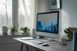 Cozy Desktop Computer Mockup in a  Workspace Background photo